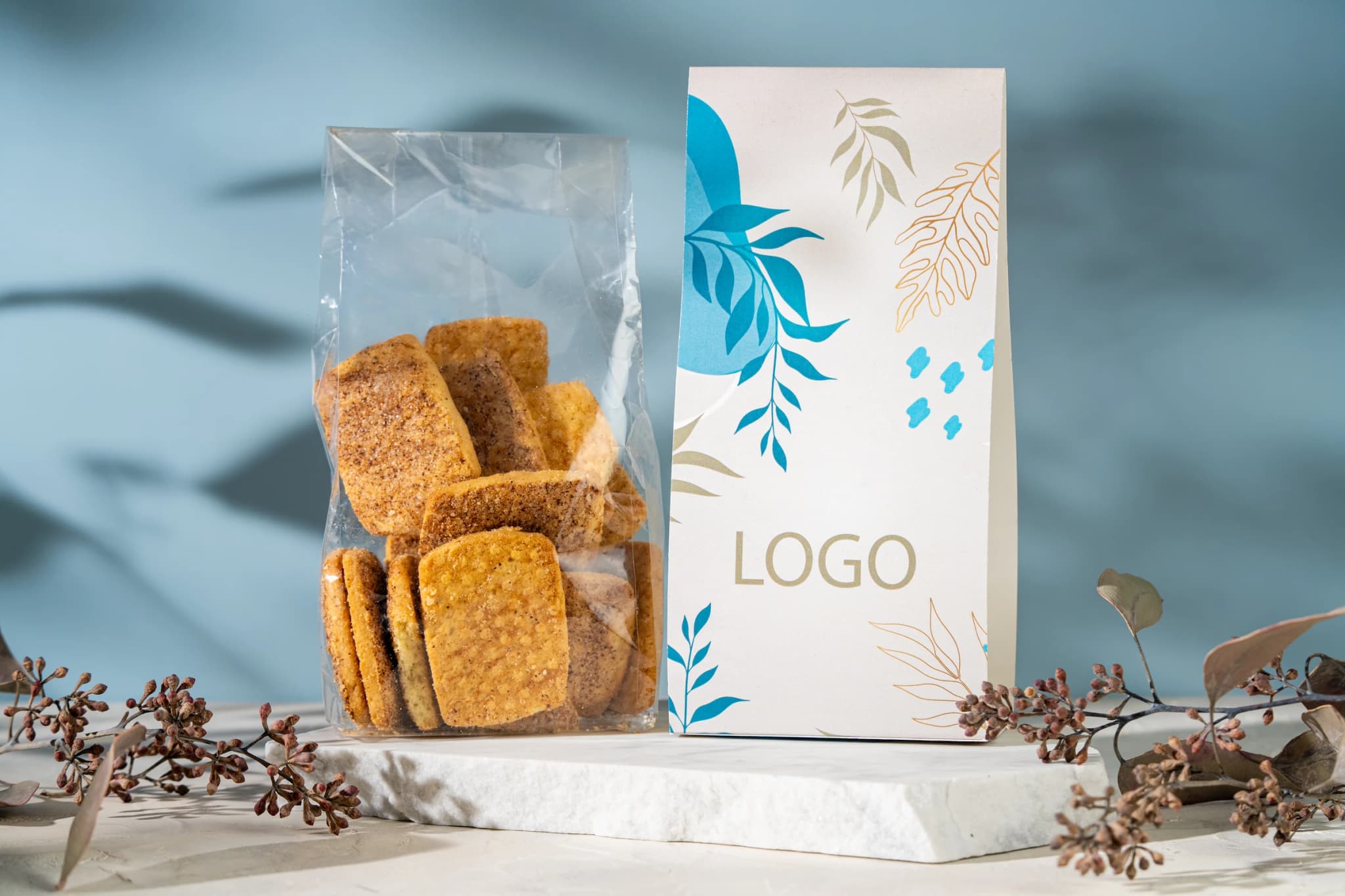 Branded pyramid packaging — Cinnamon biscuit