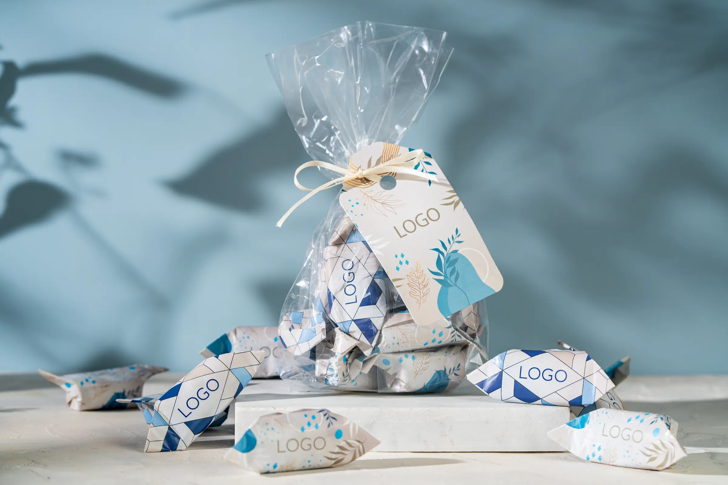 Logokaardiga väike kott paelaga