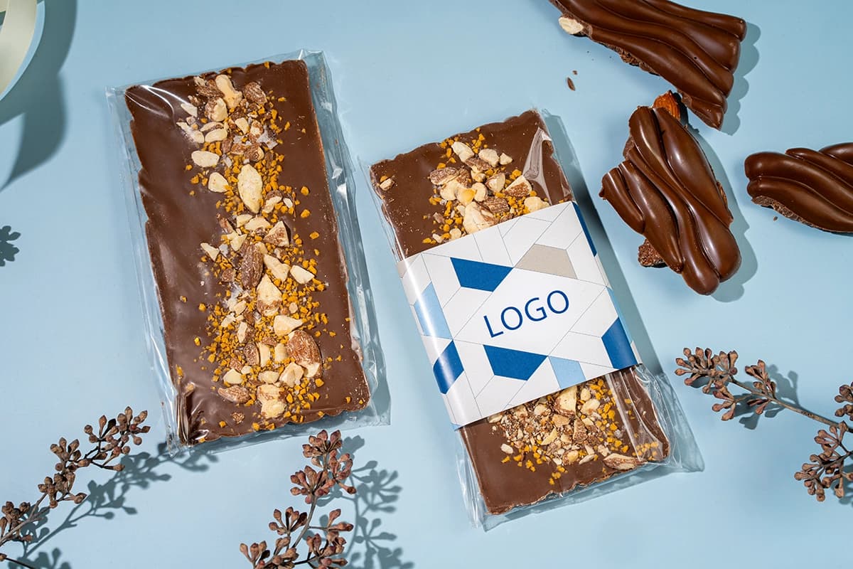 Branded chocolate in paper wrapper